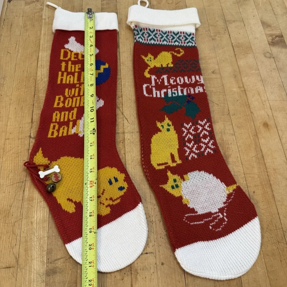 VTG Knit Stockings For Pets MEOWY Christmas Cat‎ Dog Red White Charms Reversible